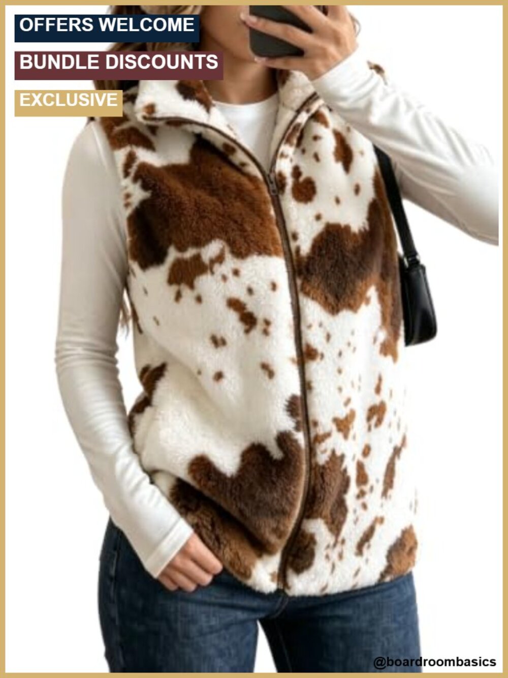 Dokotoo Fleece Vest Zip Up Cow Print Sherpa Sleeveless Jacket